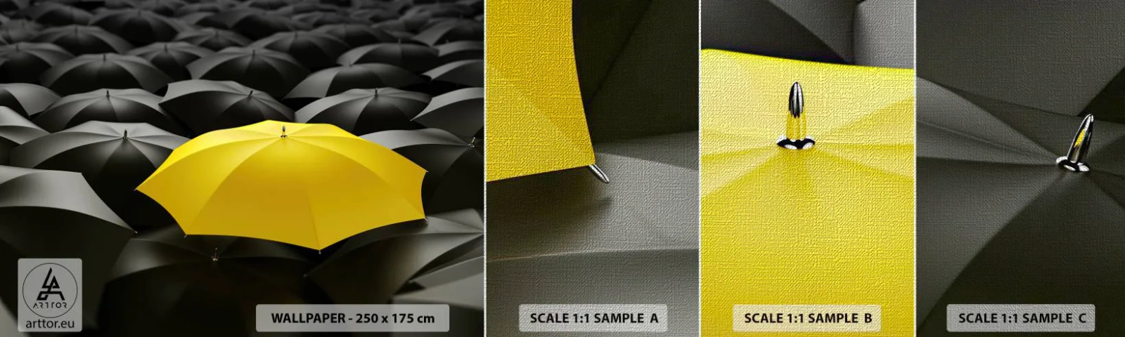 Amostra de papel de parede Premium Canvas - Adeus à tristeza - Guarda-chuvas Amarelos, Gráficos, Conceito - 100x30 cm