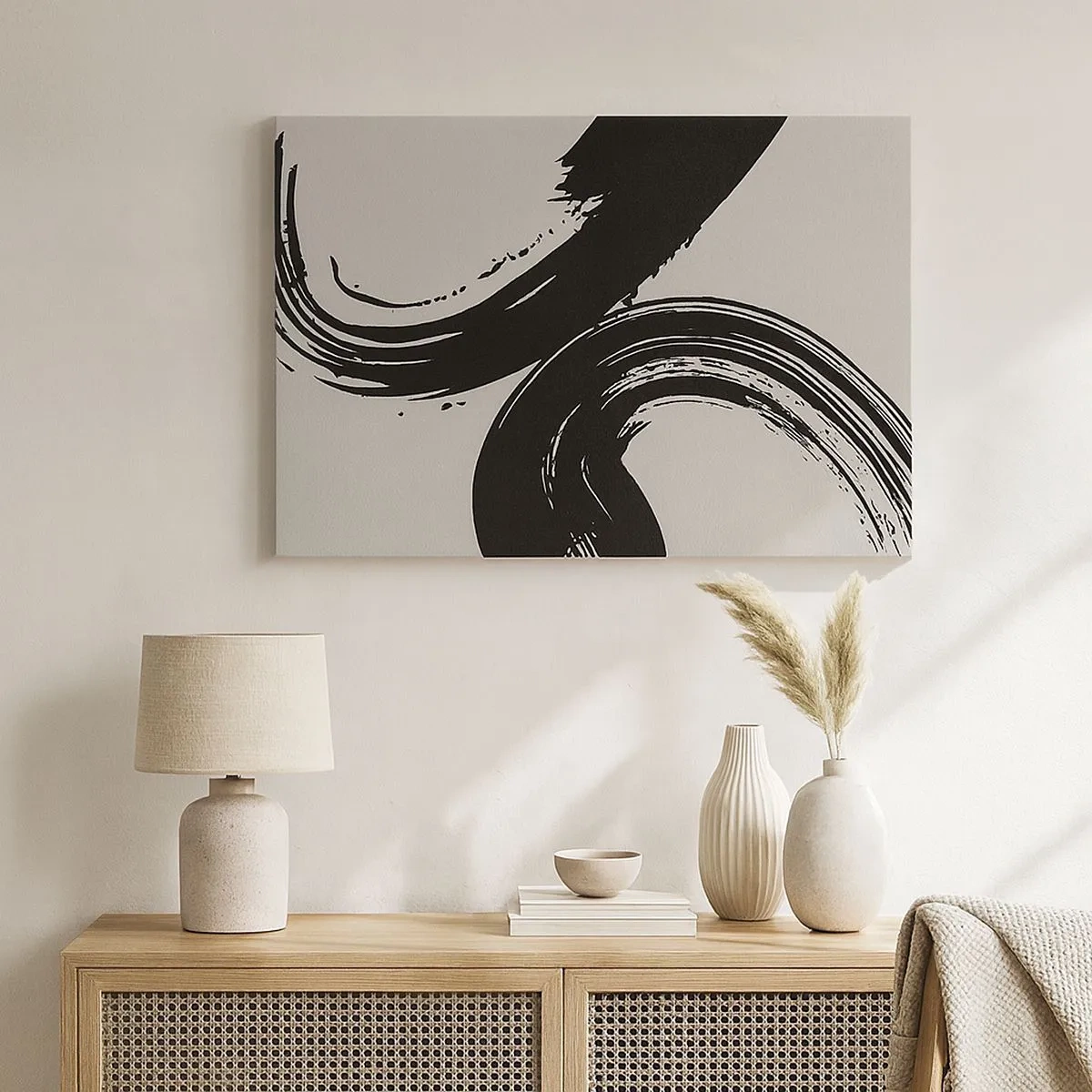 Quadro em tela - Pinceladas dinâmicas em preto sobre fundo claro - 70x50cm - Varrer e circular - Decoração de parede moderna para a sala de estar e quarto ARTTOR