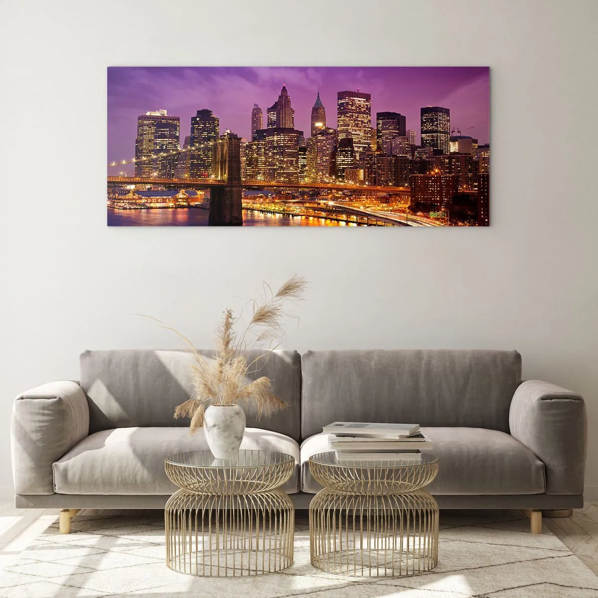 Quadro em vidro - Manhathann roxa e dourada - 90x30 cm