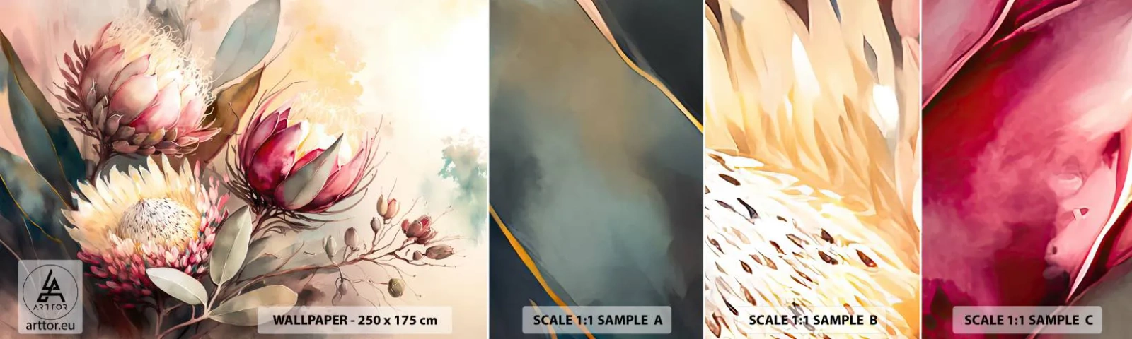 Amostra de papel de parede autocolante Deluxe Sticker - De perfil e de frente - Flores, Art Deco, Botânica - 100x30 cm