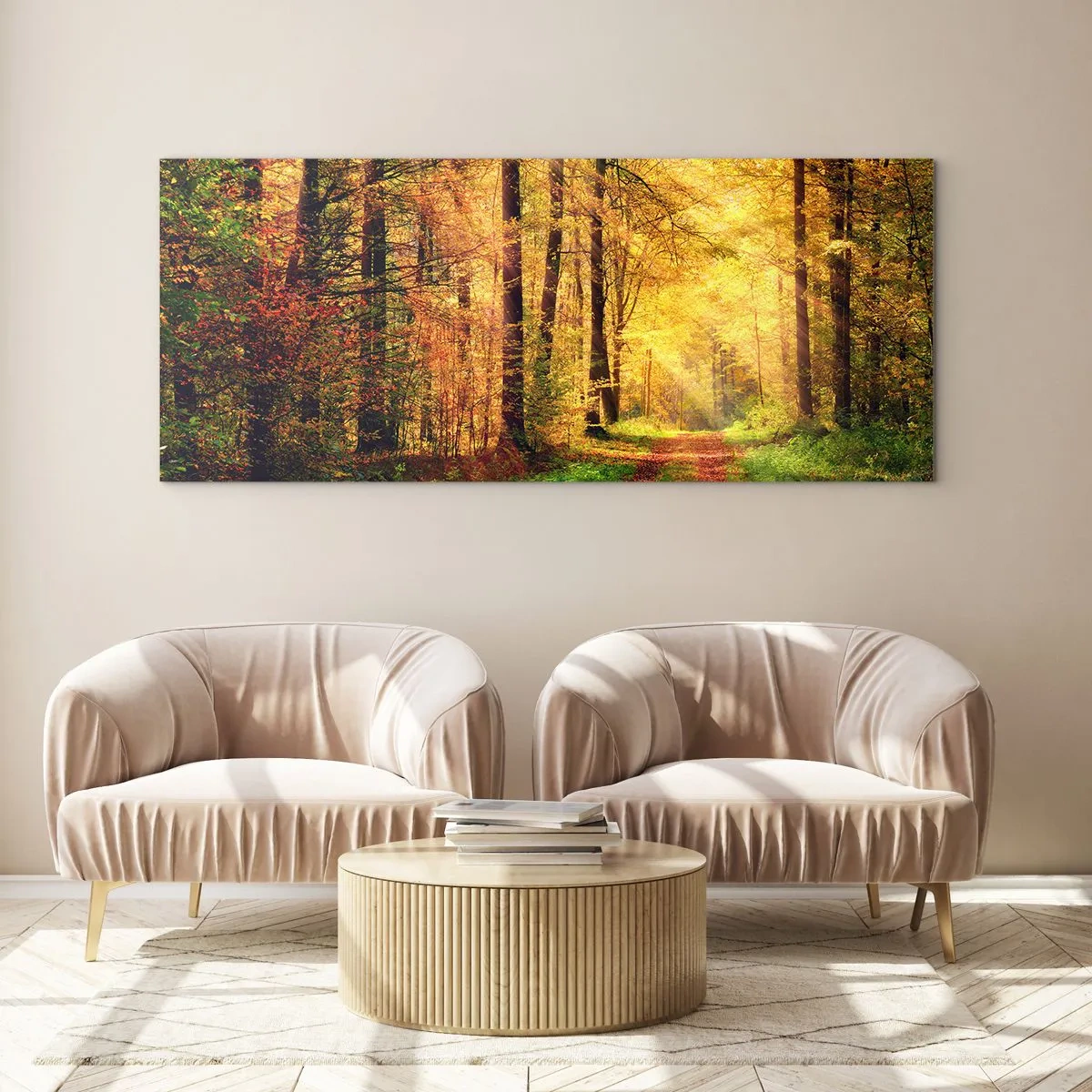 Quadro em vidro - Silêncio dourado da floresta - 90x30 cm