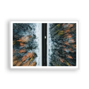 Pôster em moldura branca - Cortar a floresta no inverno - 100x70 cm