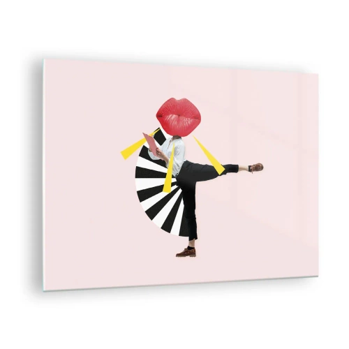 Quadro em vidro - Uma composição surreal de pop art apresentando um personagem com uma boca grande contra um fundo rosa. - 70x50cm - Arte pop surreal - Decoração de parede moderna para a sala de estar e quarto ARTTOR