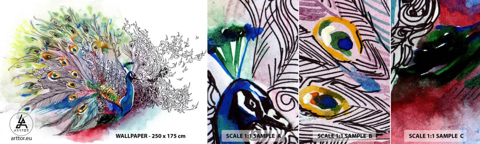 Amostra de Papel de Parede Standard Eco - Contra o cinza com orgulho - Pássaro, Pavão, Penas - 100x30 cm