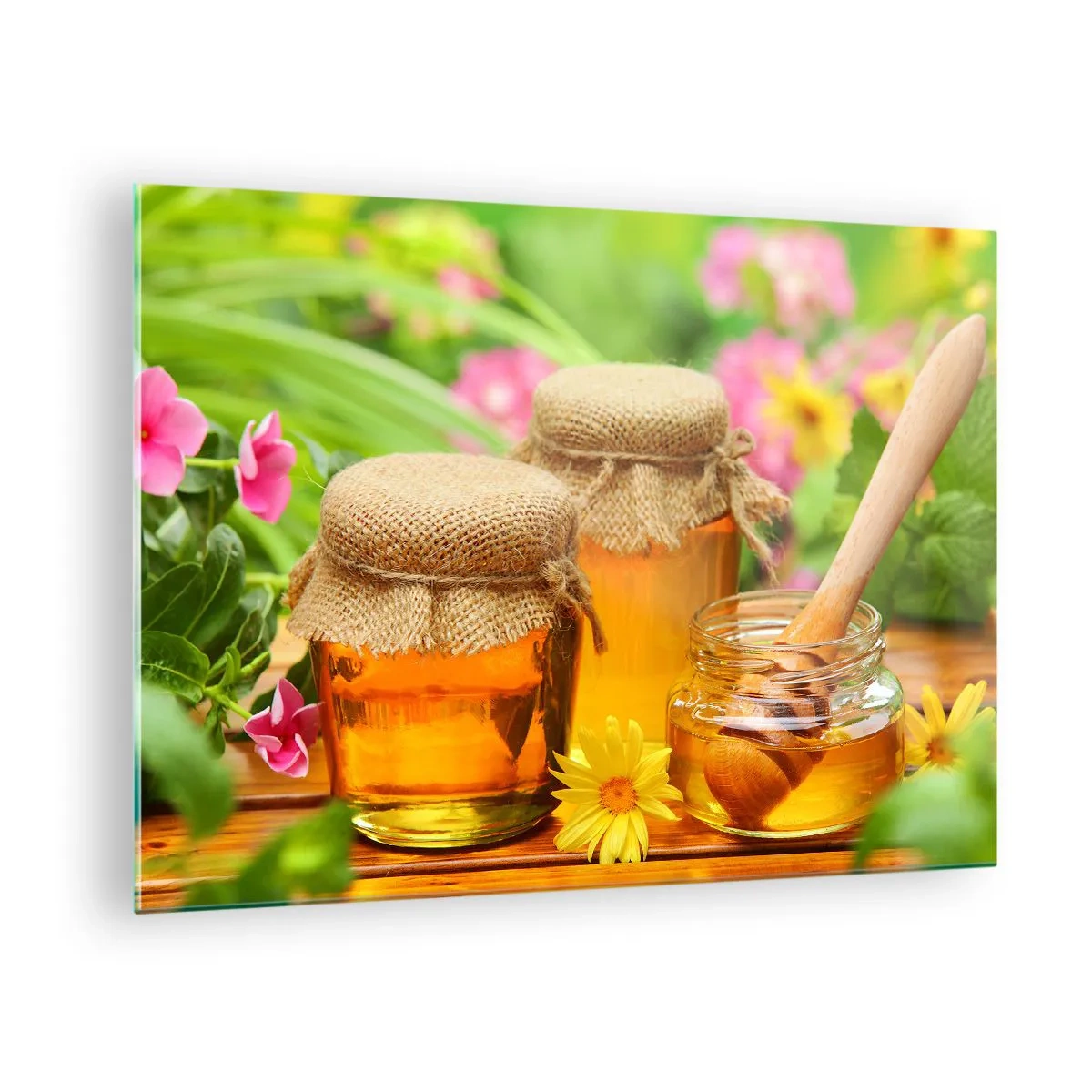 Quadro em vidro - Potes de mel em um fundo de flores no jardim - 70x50cm - Doce e floral - Decoração de parede moderna para a sala de estar e quarto ARTTOR