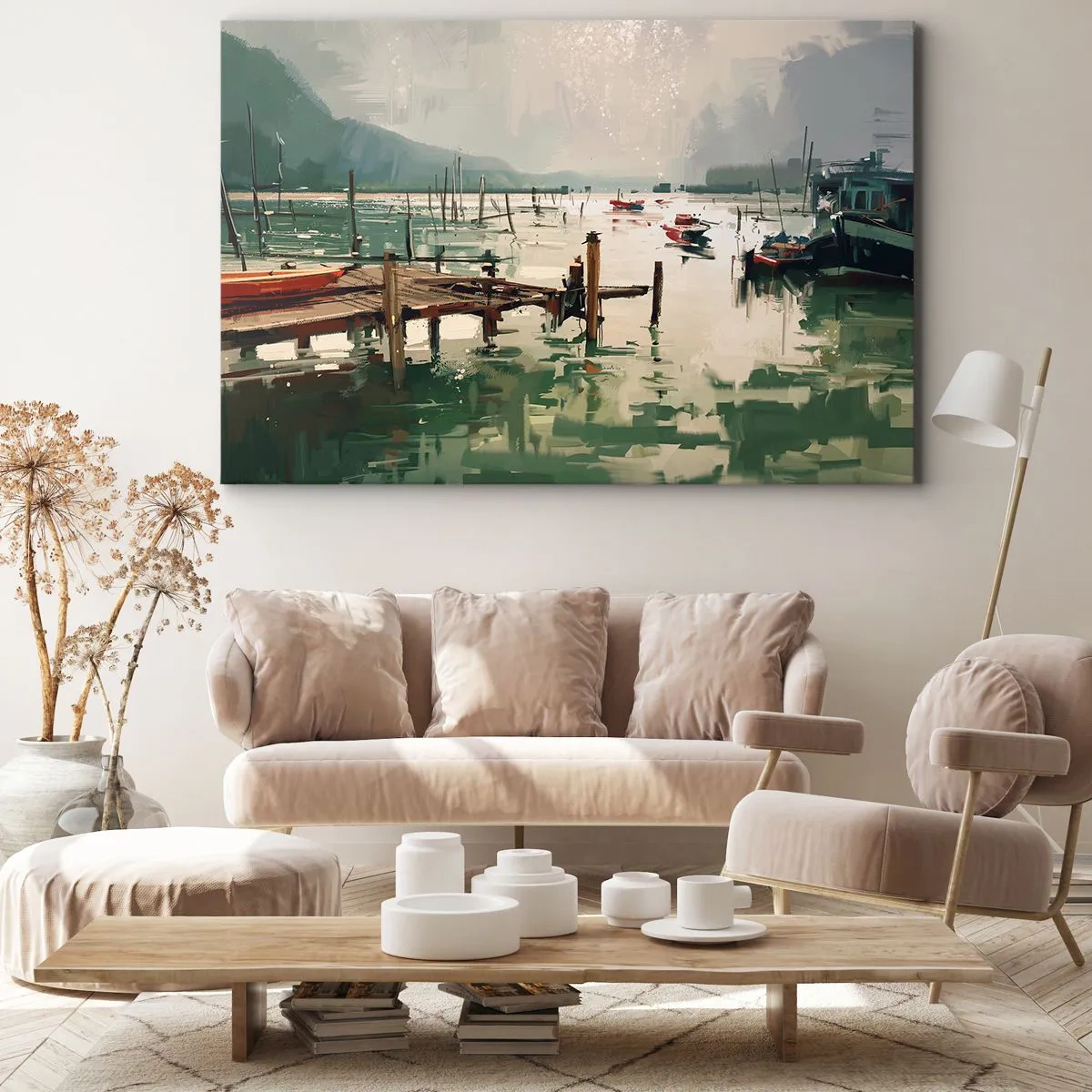Quadro em tela - Um porto pitoresco com barcos em águas calmas - 70x50cm - Mergulhado na lua derretida - Decoração de parede moderna para a sala de estar e quarto ARTTOR