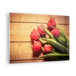 Quadro em vidro - Tulipas vermelhas em uma placa de madeira - 70x50cm - Declaração de primavera - Decoração de parede moderna para a sala de estar e quarto ARTTOR