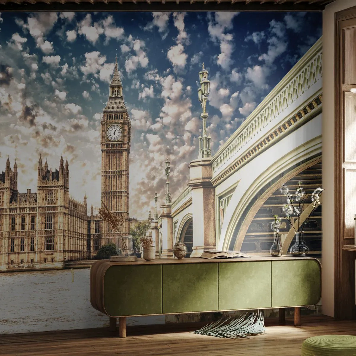 Papel de Parede Standard Eco - Panorama da cidade com arquitetura histórica e uma ponte - 100x70cm - Nuvens emplumadas sobre o Tamisa - Decoração de parede moderna para a sala de estar e quarto ARTTOR