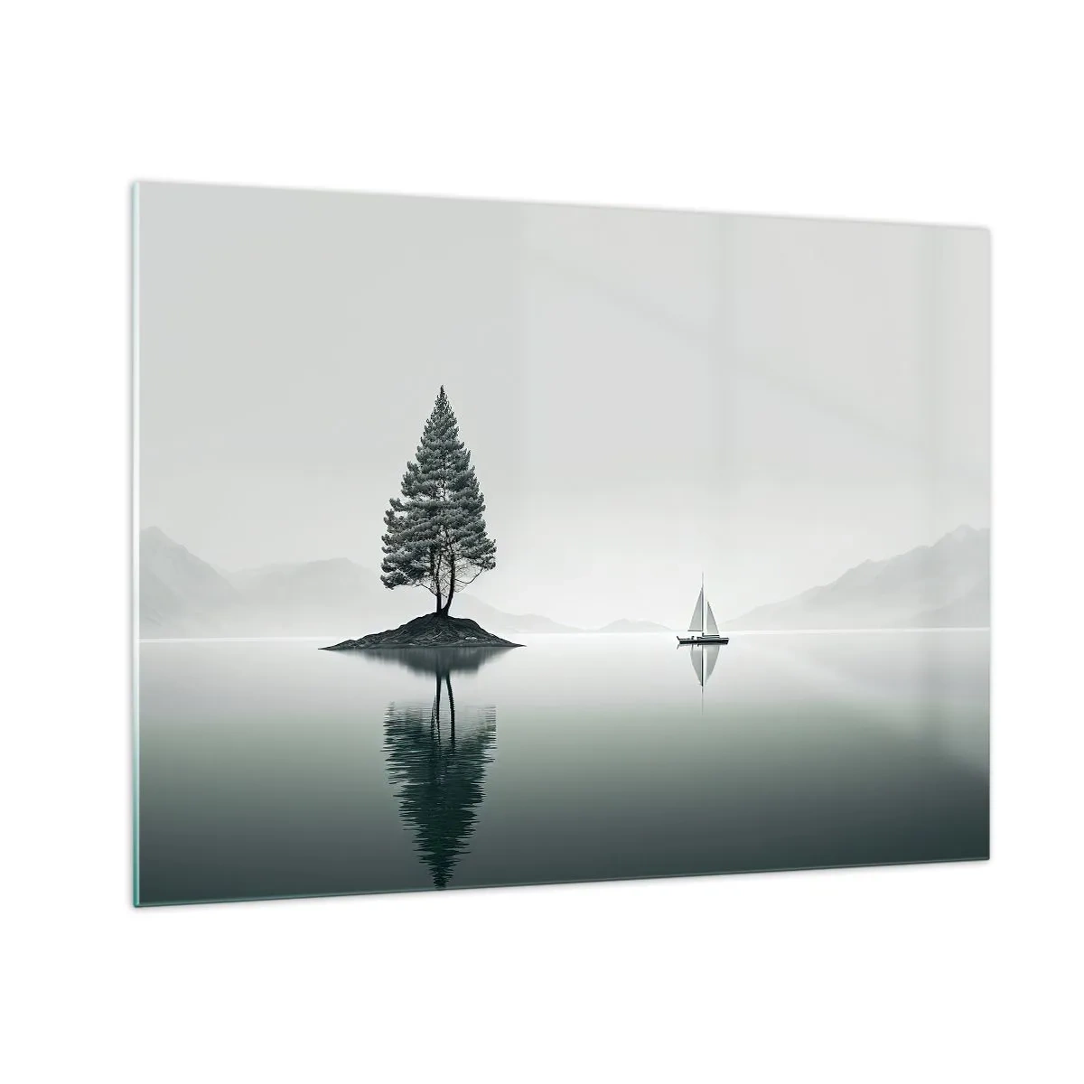 Quadro em vidro - Uma árvore solitária em uma ilha e um veleiro em um lago calmo - 70x50cm - Sonho dos sonhos - Decoração de parede moderna para a sala de estar e quarto ARTTOR