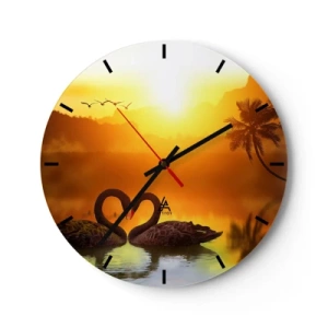Relógio de parede - Relógio em vidro - Dois cisnes negros em um lago ao pôr do sol - 30x30cm - Tudo para o casal - Decoração de parede moderna para a sala de estar, cozinha e quarto ARTTOR