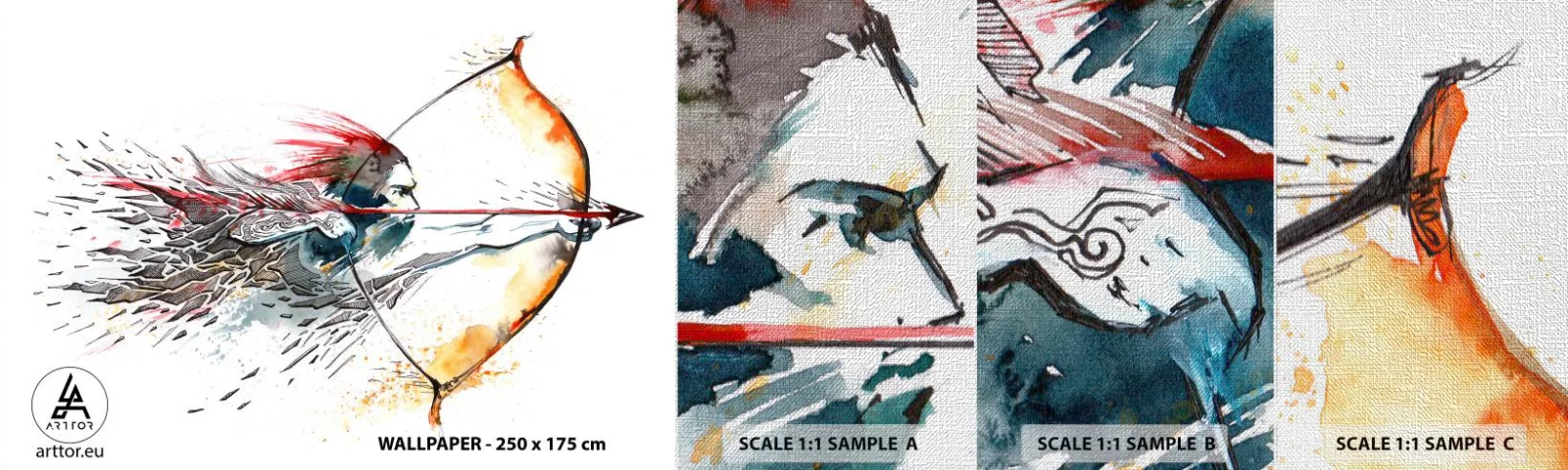 Amostra de papel de parede Premium Canvas - Guerreiro mítico com um arco de fogo - Abstração, Pistoleiro, Tiro de arco - 100x30 cm