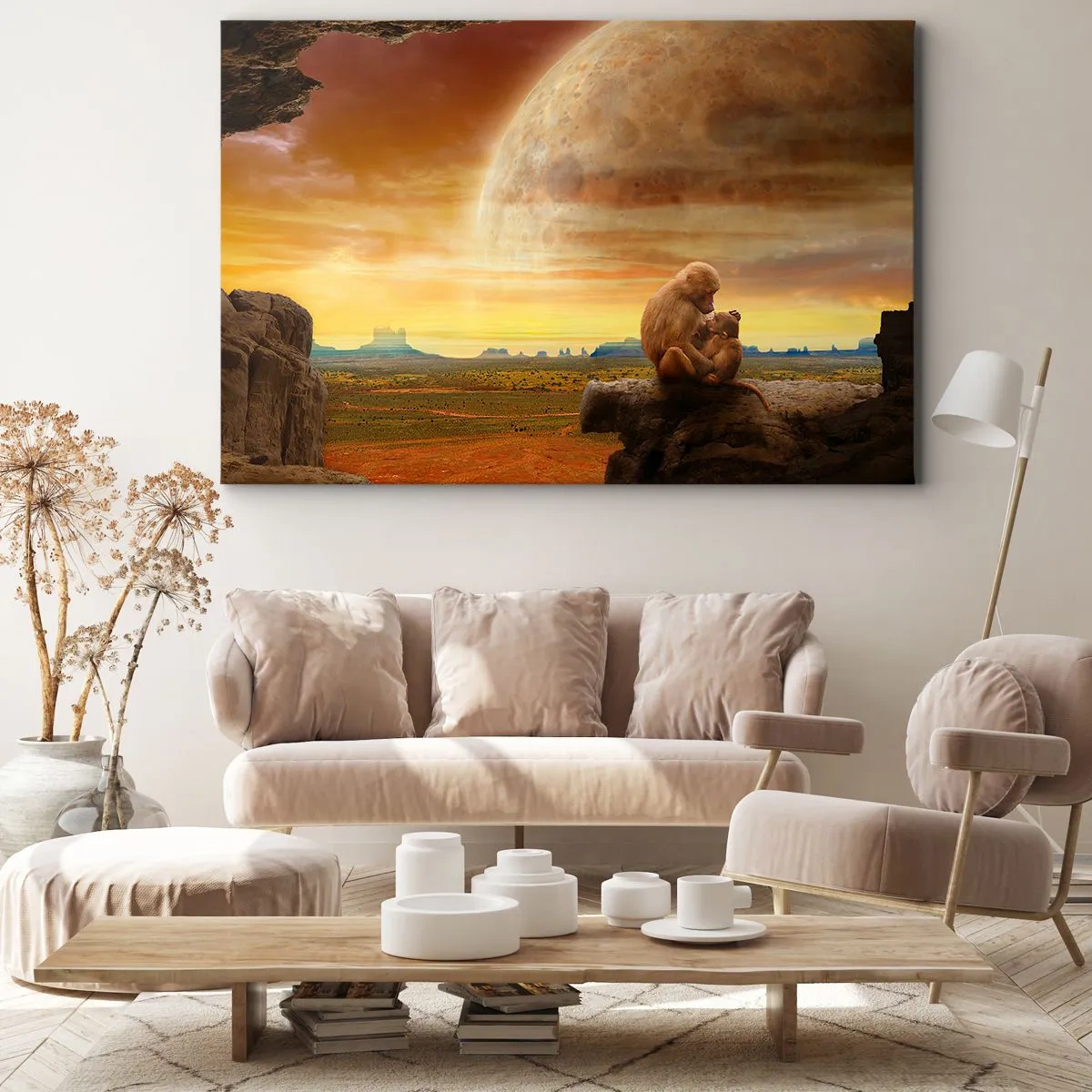 Quadro em tela - Macacos sentados em uma rocha em uma paisagem surreal com um planeta gigante - 70x50cm - O amor é o mesmo em todos os lugares - Decoração de parede moderna para a sala de estar e quarto ARTTOR