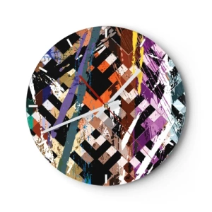 Relógio de parede - Relógio em vidro - Padrões geométricos em cores intensas com efeito abstrato - 30x30cm - Ao quadrado - Decoração de parede moderna para a sala de estar, cozinha e quarto ARTTOR