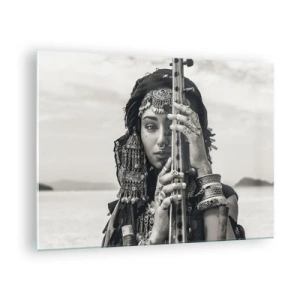 Quadro em vidro - Mulher com joias orientais com um instrumento - 70x50cm - A própria música oriental - Decoração de parede moderna para a sala de estar e quarto ARTTOR