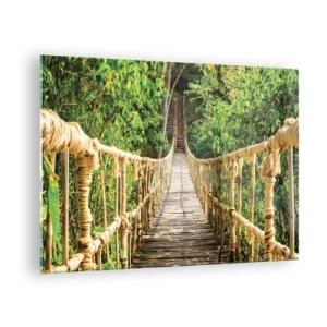Quadro em vidro - Uma ponte de corda de madeira cercada por vegetação exuberante - 70x50cm - Suspenso na vegetação - Decoração de parede moderna para a sala de estar e quarto ARTTOR