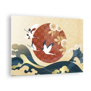 Quadro em vidro - Guindastes japoneses sobre as ondas contra um círculo vermelho - 70x50cm - Conto de fadas japonês - Decoração de parede moderna para a sala de estar e quarto ARTTOR