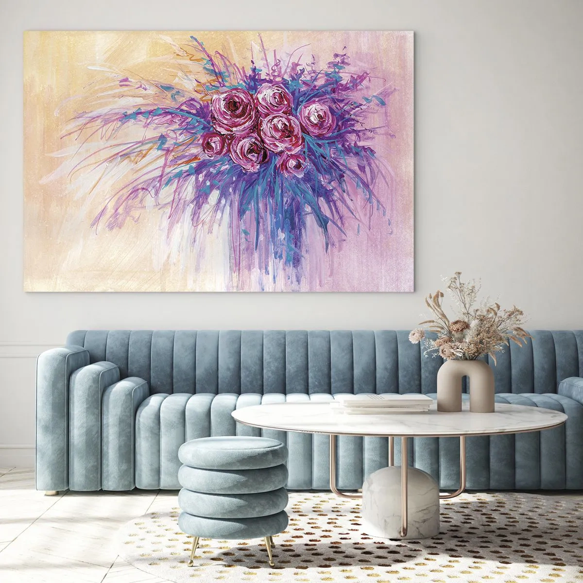Quadro em vidro - Um buquê de rosas em tons de rosa e roxo sobre um fundo pastel - 70x50cm - Fonte de rosas - Decoração de parede moderna para a sala de estar e quarto ARTTOR