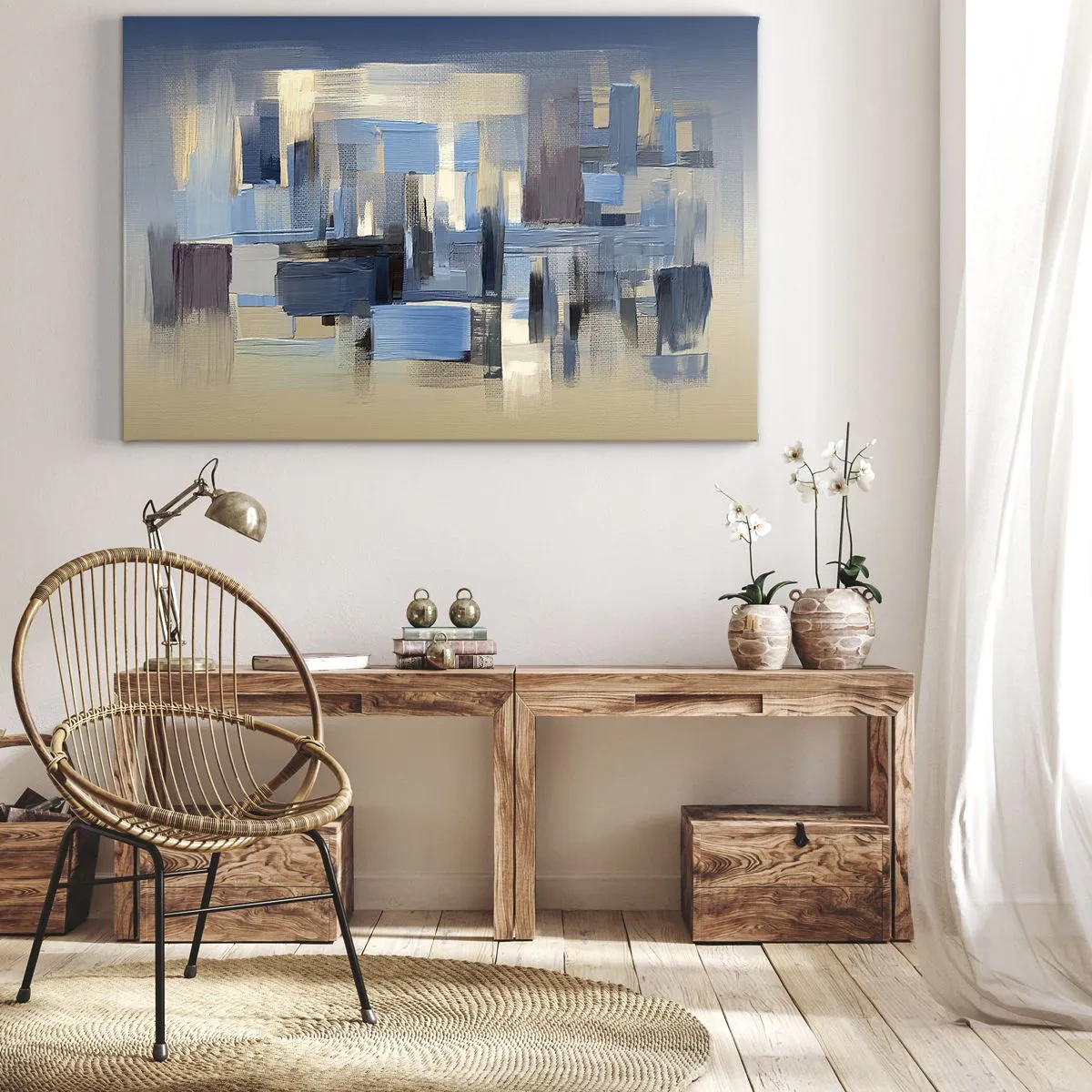 Quadro em tela - Formas geométricas em tons de azul e bege - 70x50cm - Construção azul - Decoração de parede moderna para a sala de estar e quarto ARTTOR