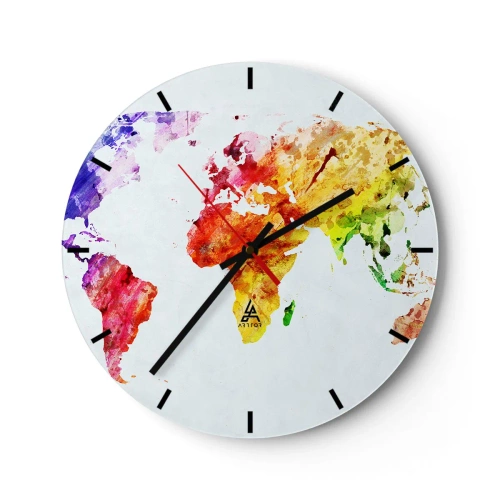 Relógio de parede - Relógio em vidro - Mapa-múndi em aquarela com cores vivas - 30x30cm - Todas as cores do mundo - Decoração de parede moderna para a sala de estar, cozinha e quarto ARTTOR