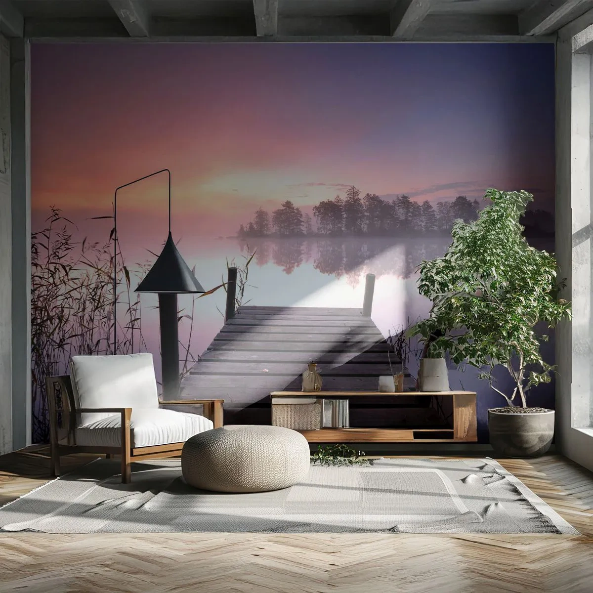 Papel de Parede Autocolante Deluxe Sticker - Da névoa lilás... - Paisagem, Nascer do sol, Lago - 250x175 cm