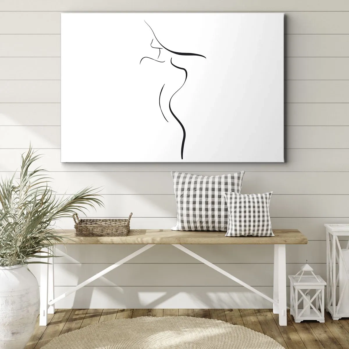 Quadro em tela - Contorno minimalista de uma silhueta feminina em um fundo branco - 70x50cm - Elusiva como uma onda - Decoração de parede moderna para a sala de estar e quarto ARTTOR