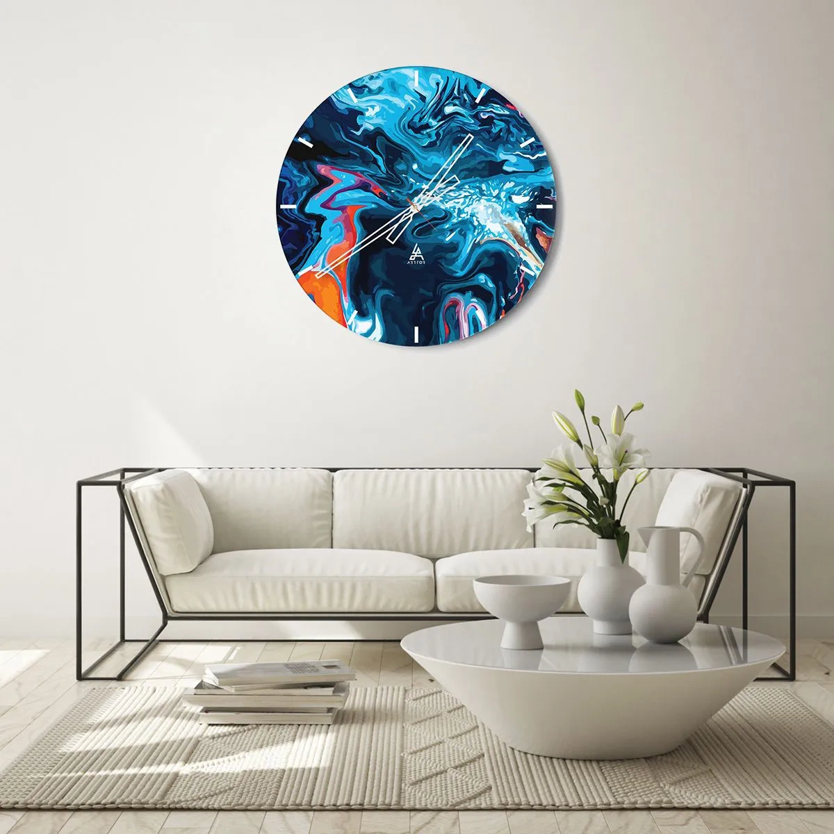 Relógio de parede - Relógio em vidro - Um motivo abstrato dinâmico em tons de azul - 30x30cm - Viagem ao centro do céu - Decoração de parede moderna para a sala de estar, cozinha e quarto ARTTOR