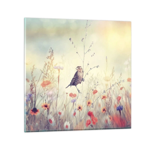 Quadro em vidro - Retrato de um pássaro com um prado no fundo - 40x40 cm