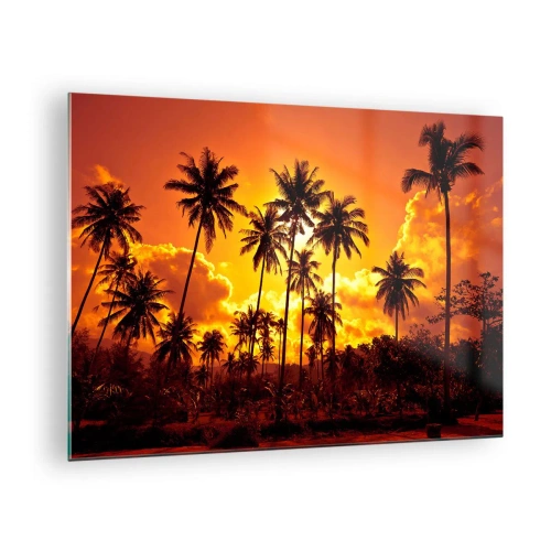 Quadro em vidro - Palmeiras tendo como pano de fundo um pôr do sol ardente - 70x50cm - Montanhas em chamas, florestas em chamas - Decoração de parede moderna para a sala de estar e quarto ARTTOR