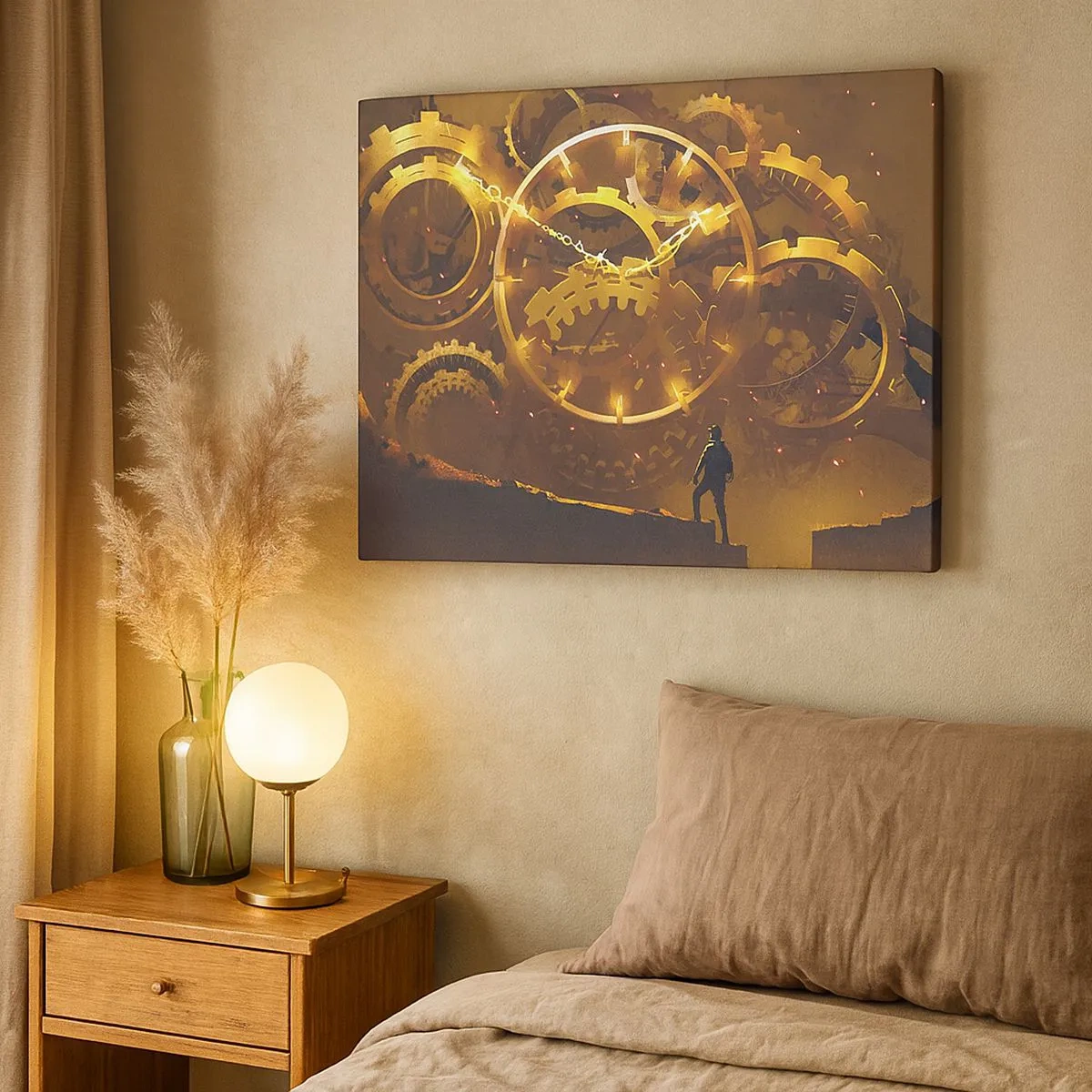 Quadro em tela - Engrenagens douradas em um cenário surreal com uma figura - 70x50cm - Na origem do tempo - Decoração de parede moderna para a sala de estar e quarto ARTTOR