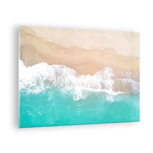 Quadro em vidro - Vista aérea da praia com águas turquesas e ondas brancas - 70x50cm - Toque carinhoso - Decoração de parede moderna para a sala de estar e quarto ARTTOR