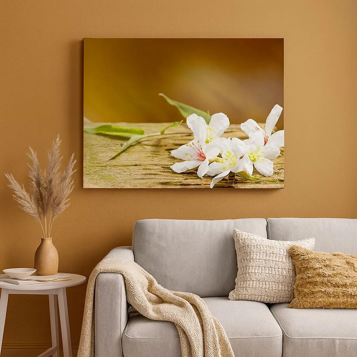 Quadro em tela - Flores brancas sobre fundo de madeira com luz natural - 70x50cm - Uma promessa inocente - Decoração de parede moderna para a sala de estar e quarto ARTTOR
