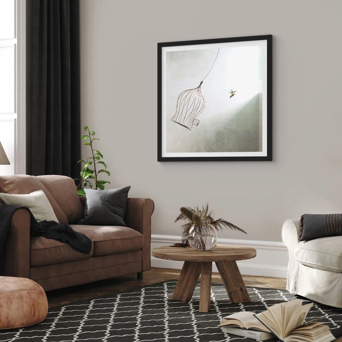 Pôster com moldura preta - Enfim a liberdade - 40x40 cm