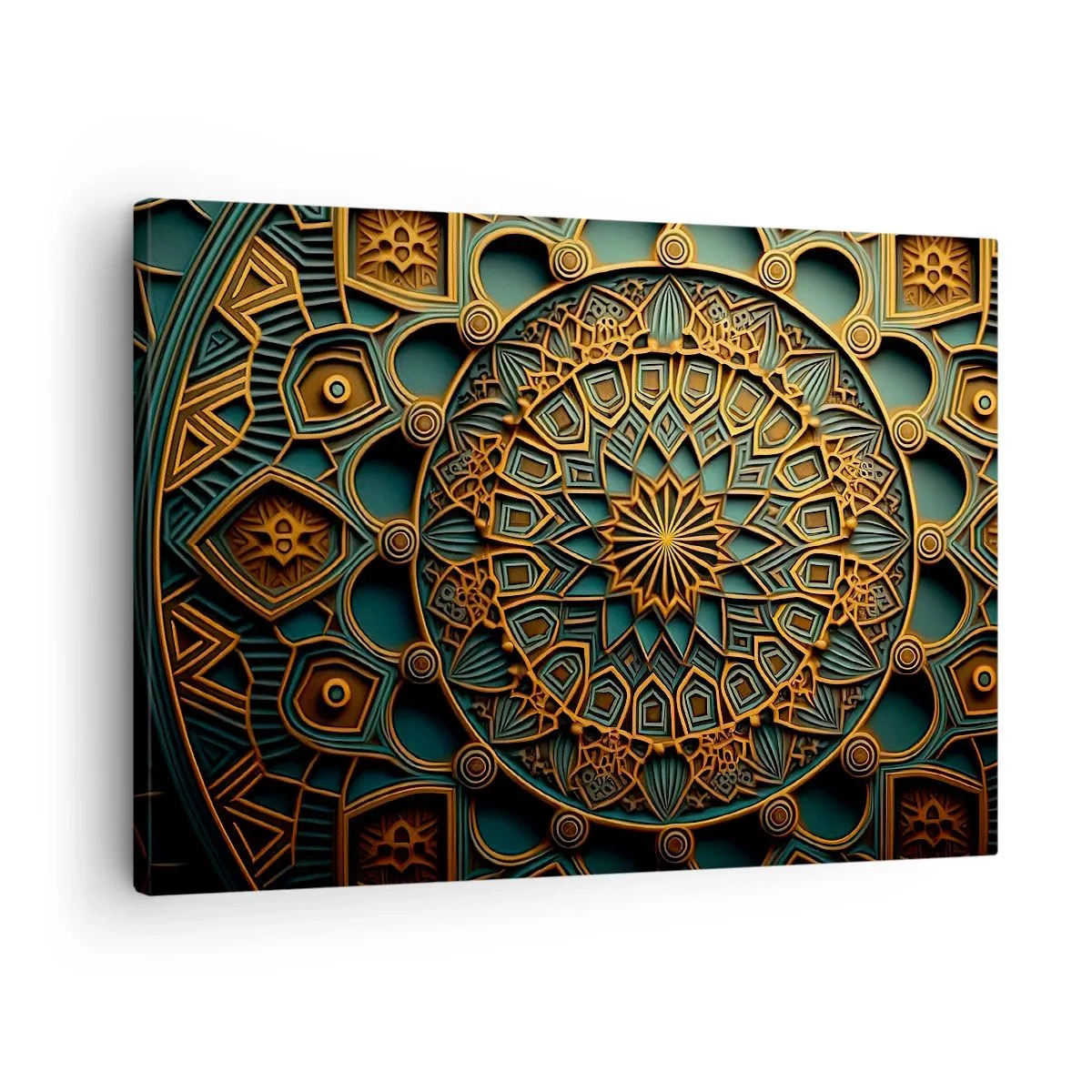 Quadro em tela - Uma mandala dourada sobre um fundo turquesa com detalhes ricos. - 70x50cm - Em uma atmosfera árabe - Decoração de parede moderna para a sala de estar e quarto ARTTOR