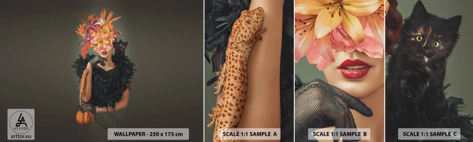 Amostra de Papel de Parede Standard Eco - O feitiço da bruxa - Abstração, Mulher, Flores - 100x30 cm