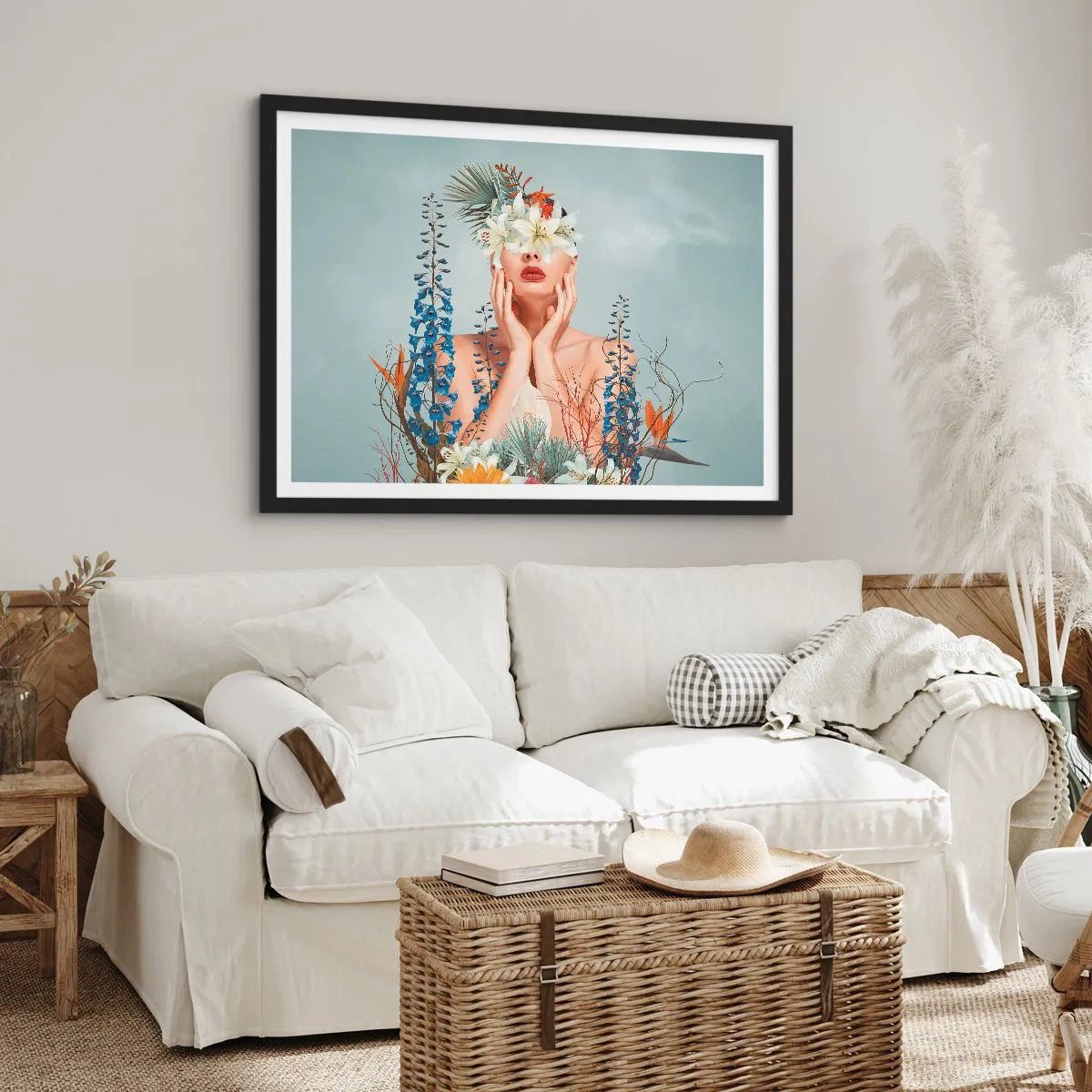 Pôster com moldura preta - Mulher – flor - 70x50 cm