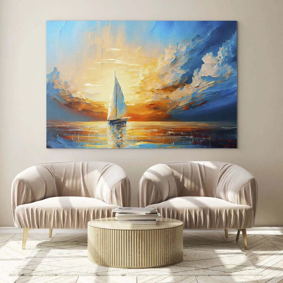Quadro em vidro - Um veleiro no mar à luz do pôr do sol - 70x50cm - Balsa em ouro - Decoração de parede moderna para a sala de estar e quarto ARTTOR