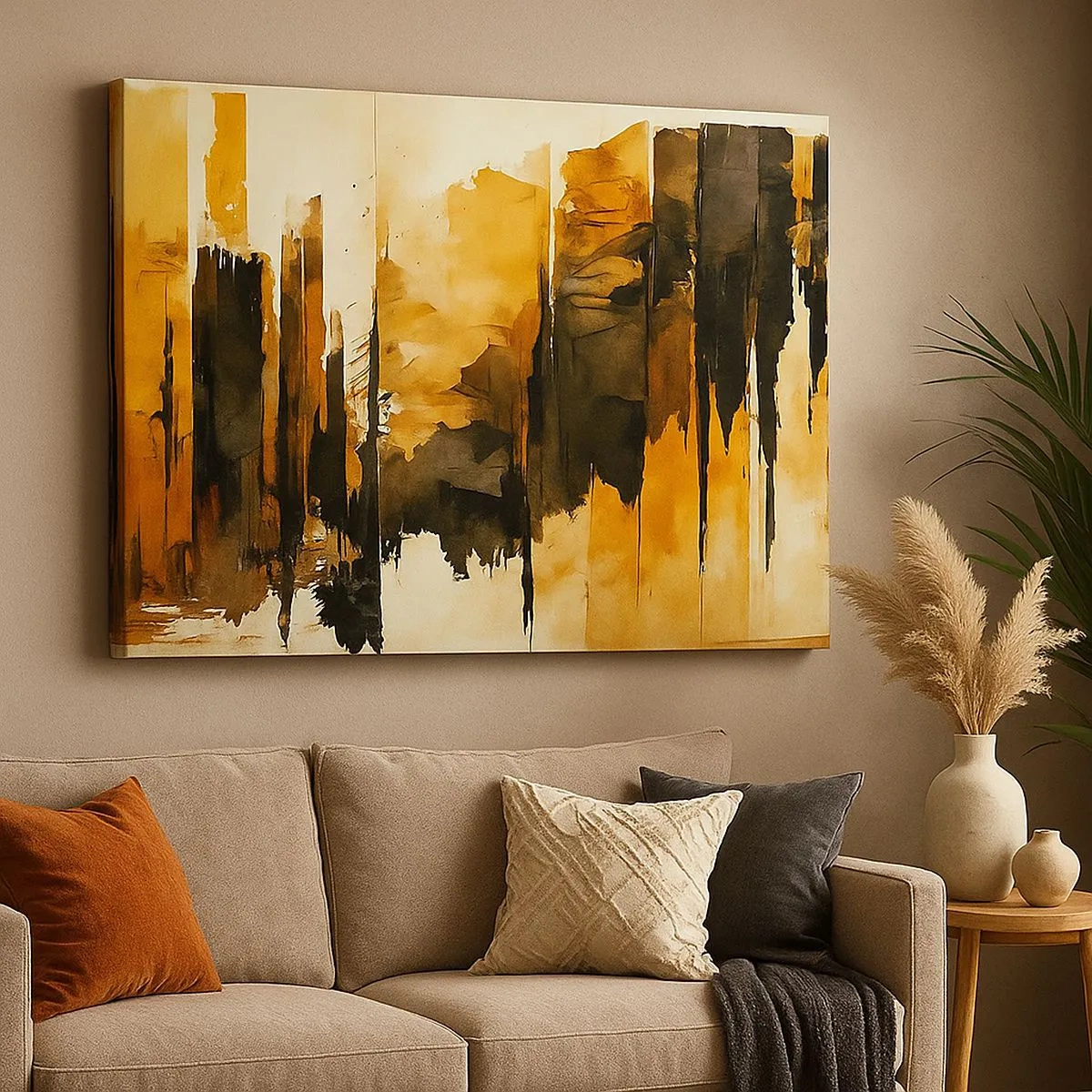 Quadro em tela - Listras abstratas douradas e pretas em uma composição artística - 70x50cm - Harmonia de preto e dourado - Decoração de parede moderna para a sala de estar e quarto ARTTOR