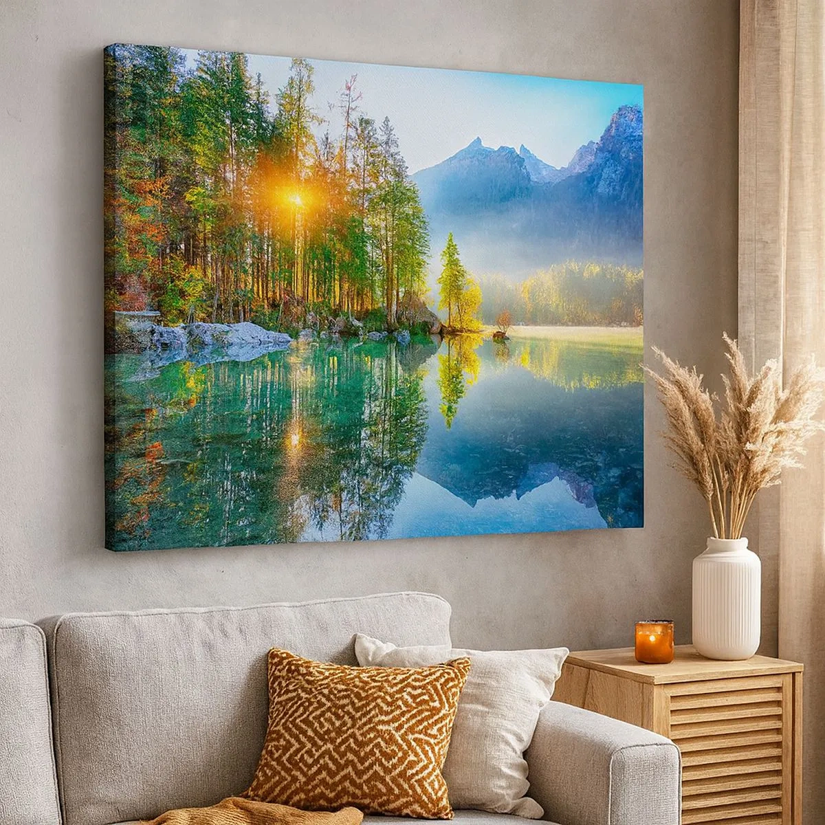 Quadro em tela - Um lago cercado por montanhas e florestas sob os raios do sol - 70x50cm - Majestade e doçura - Decoração de parede moderna para a sala de estar e quarto ARTTOR