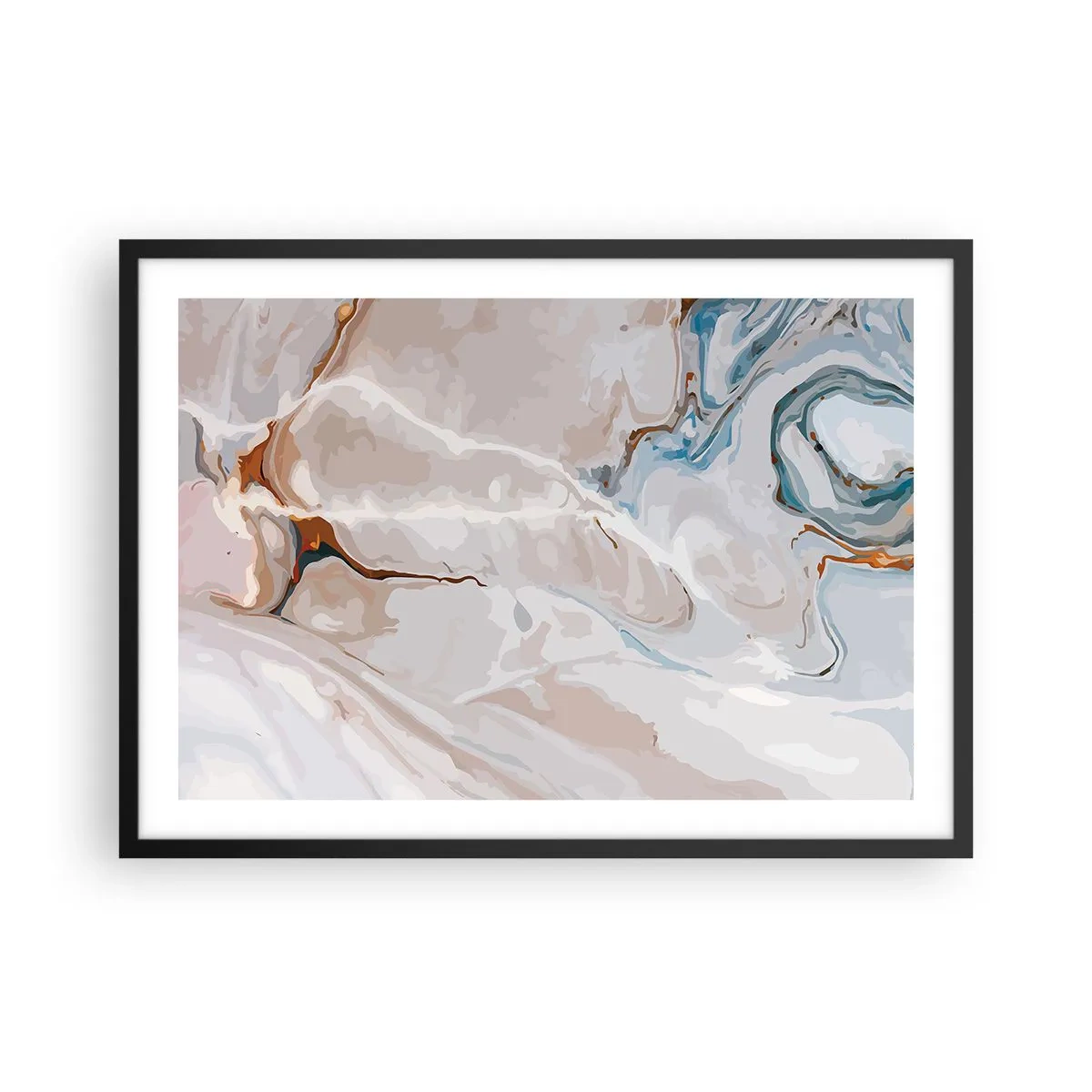 Pôster com moldura preta - Meandros azuis sob branco - 70x50 cm