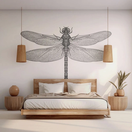 Papel de Parede Standard Eco - Esboço em preto e branco de uma libélula com asas detalhadas em um fundo branco - 100x70cm - Precisão da natureza - Decoração de parede moderna para a sala de estar e quarto ARTTOR