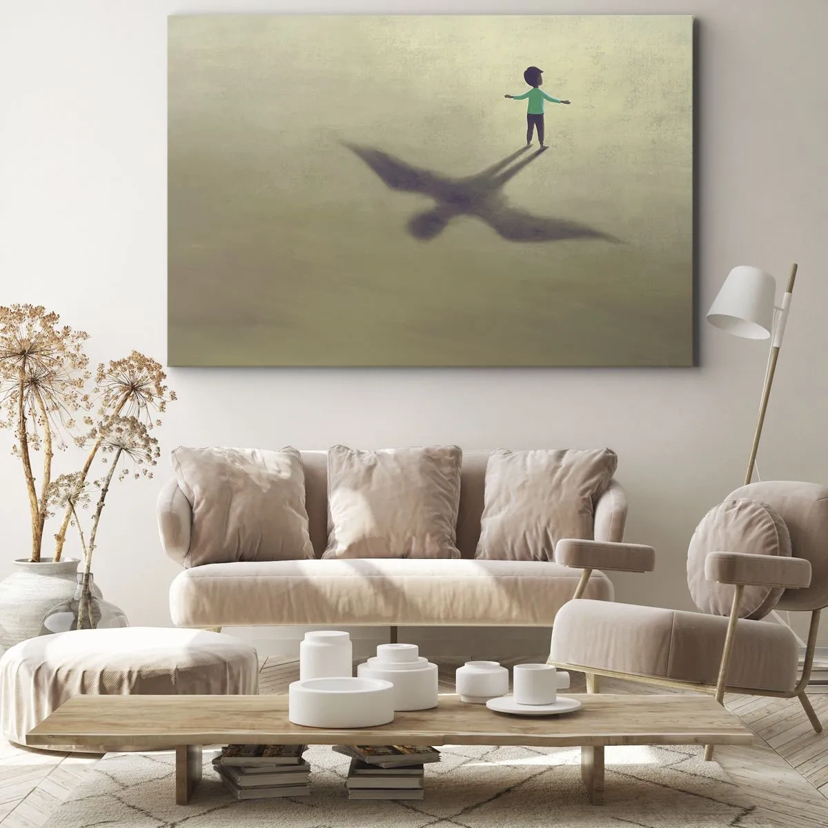 Quadro em tela - Uma figura simbólica de uma criança com a sombra de um pássaro sobre um fundo em tons quentes. - 70x50cm - Herói do futuro - Decoração de parede moderna para a sala de estar e quarto ARTTOR