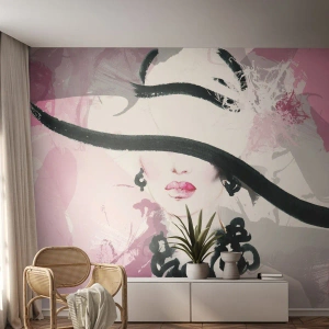 Papel de parede personalizado Premium Sand - Retrato de uma dama a preto e rosa - Mulher, Rosto de mulher, Abstração