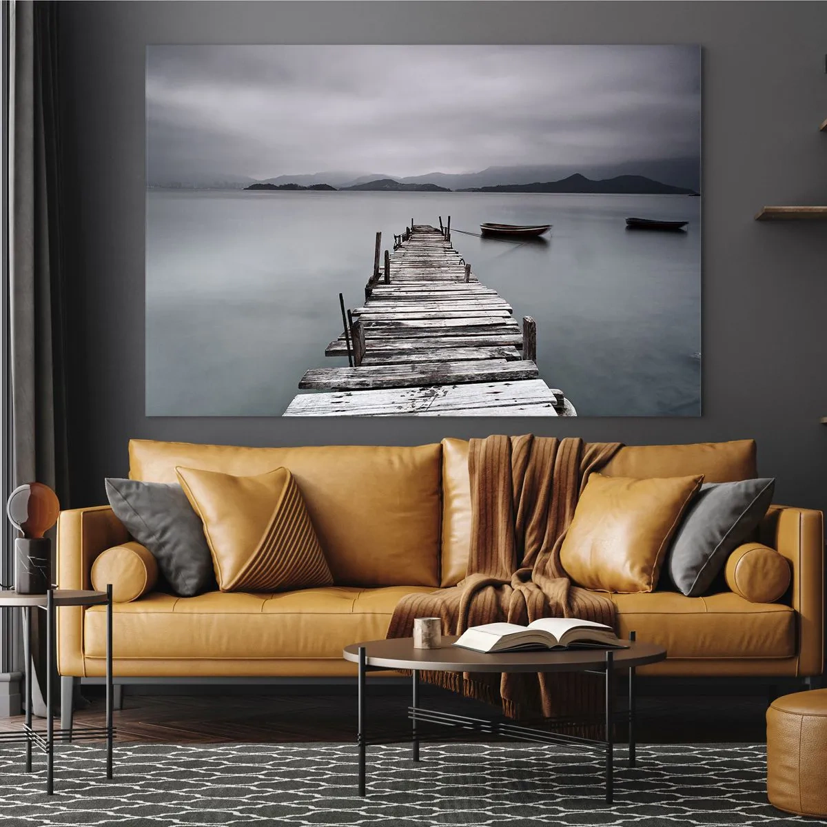 Quadro em vidro - Um cais de madeira em um lago em um dia de neblina - 70x50cm - Amanhã pode ir - Decoração de parede moderna para a sala de estar e quarto ARTTOR