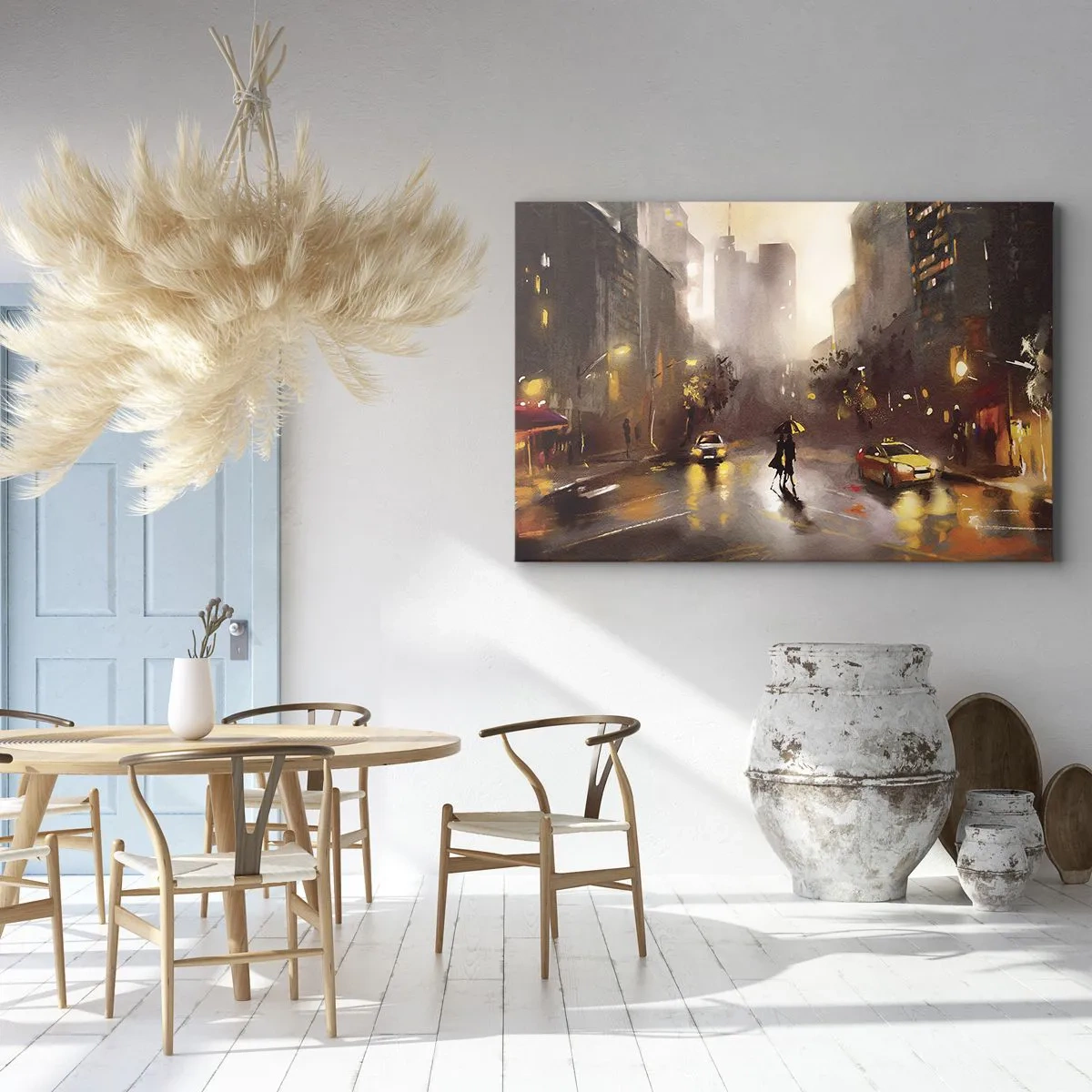Quadro em tela - Uma cena urbana à noite, à luz de postes de luz e reflexos em uma rua molhada. - 70x50cm - Nas luzes de Nova Iorque - Decoração de parede moderna para a sala de estar e quarto ARTTOR