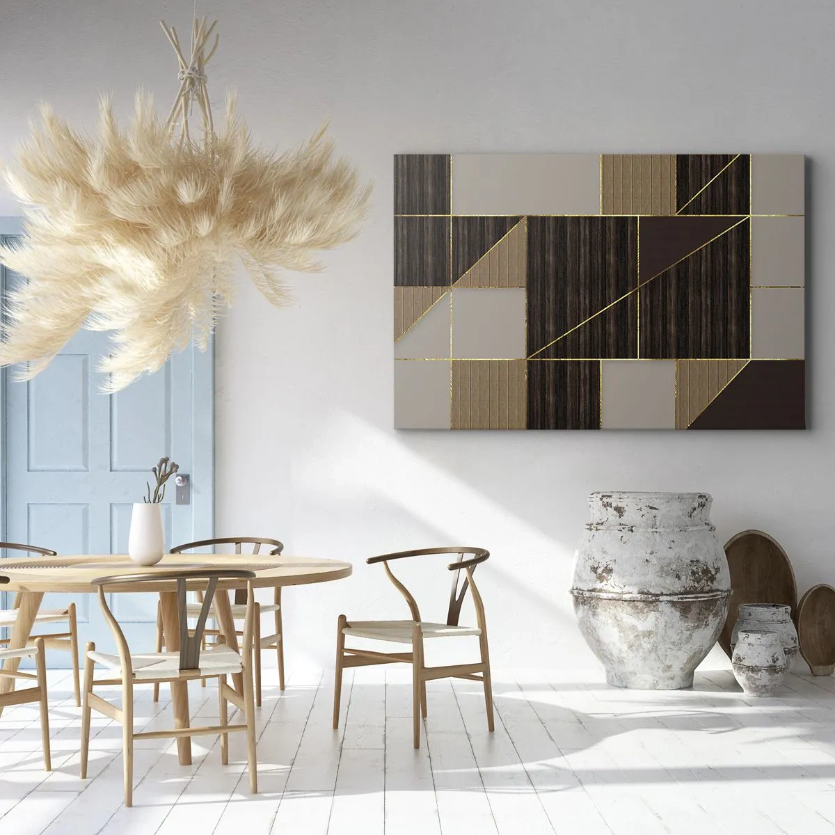 Quadro em tela - Padrões geométricos em tons de marrom com linhas douradas - 70x50cm - Mosaico de bronzes e ouro - Decoração de parede moderna para a sala de estar e quarto ARTTOR