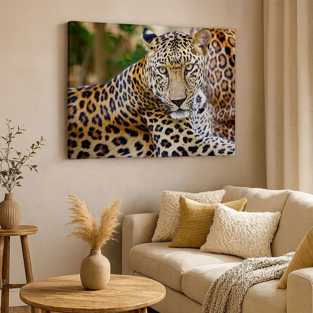 Quadro em tela - Onça descansando em um ambiente natural com fundo verde. - 70x50cm - Selvagem e tranquilo - Decoração de parede moderna para a sala de estar e quarto ARTTOR