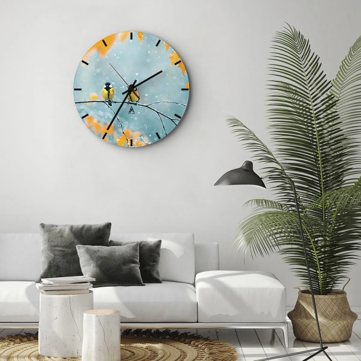 Relógio de parede - Relógio em vidro - Dois chapins em um galho coberto de neve em uma paisagem de inverno - 30x30cm - Fofoca de pássaros - Decoração de parede moderna para a sala de estar, cozinha e quarto ARTTOR