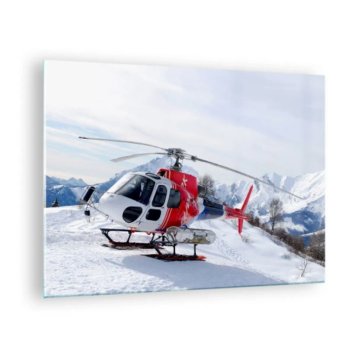 Quadro em vidro - Um helicóptero vermelho em uma paisagem de montanha de inverno - 70x50cm - Sempre pronto - Decoração de parede moderna para a sala de estar e quarto ARTTOR