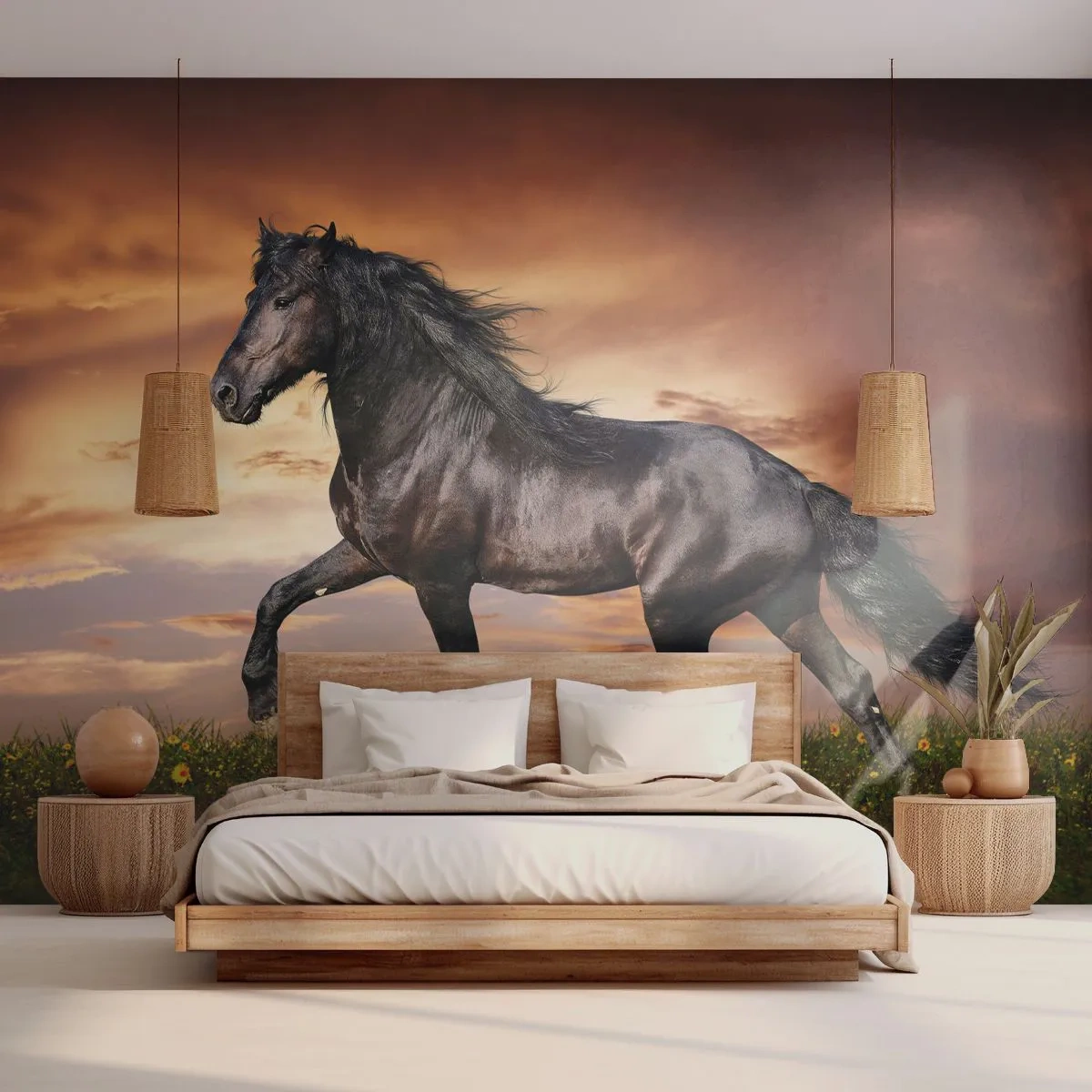 Papel de Parede Autocolante Deluxe Sticker - O Príncipe Negro - Animais, Cavalo árabe, Paisagem - 200x140 cm