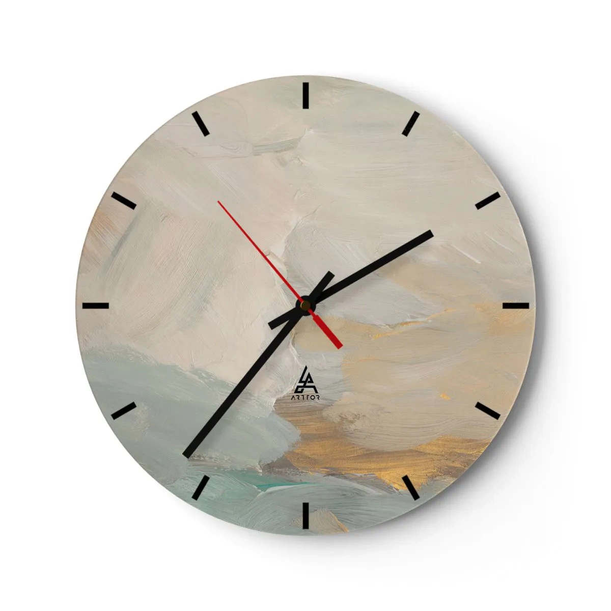Relógio de parede - Relógio em vidro - Pinceladas delicadas em bege, azul e dourado - 30x30cm - Abstração – a terra da gentileza - Decoração de parede moderna para a sala de estar, cozinha e quarto ARTTOR